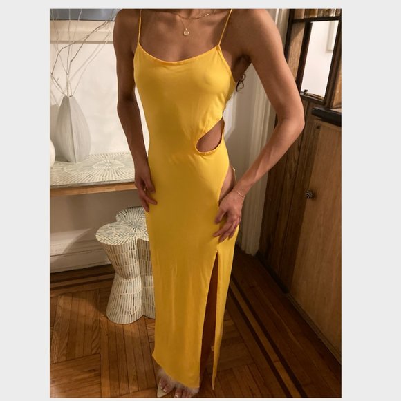 First Distraction The Label cut-out side midi dress with thigh slit in yellow - Picture 1 of 11
